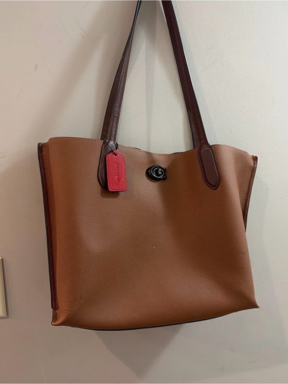 Coach Brown Tote with Dark Brown Straps and Red Tag